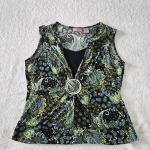 Kim Rogers Black and Green Paisley Sleeveless Blouse